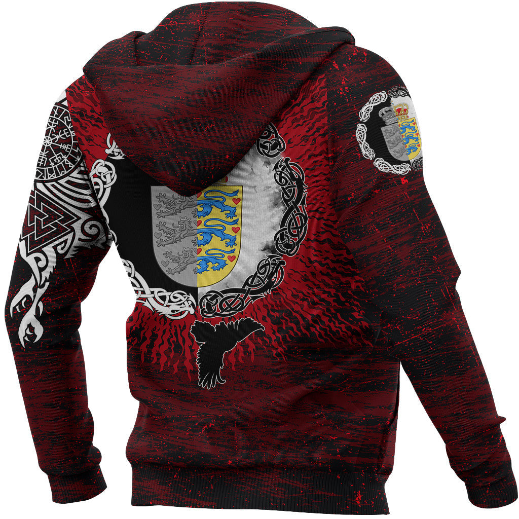Viking Style Hoodie - Denmark Raven of Odin and Symbol Viking on Blood Background A39 VKNGB