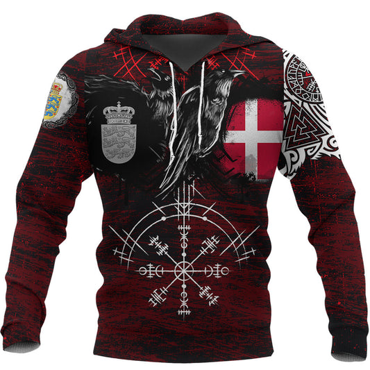 Viking Style Hoodie - Denmark Raven of Odin and Symbol Viking on Blood Background A39 VKNGB