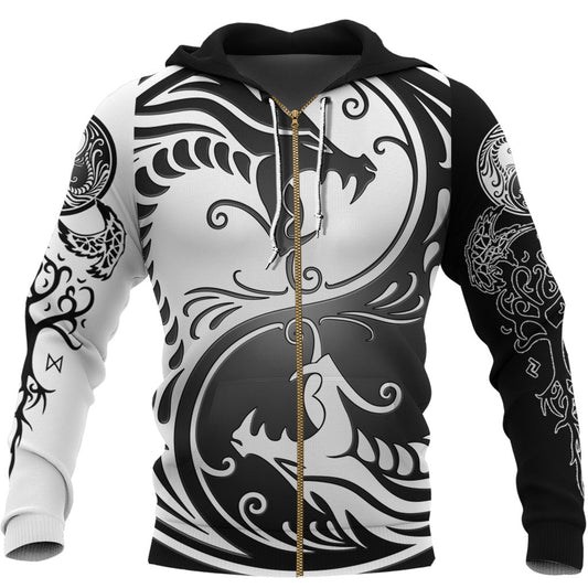 Viking Style Zip Hoodie - Ying Yang Dragon A39 VKNGB