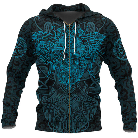 Viking Style Zip Hoodie Odin With Raven A15 VKNGB