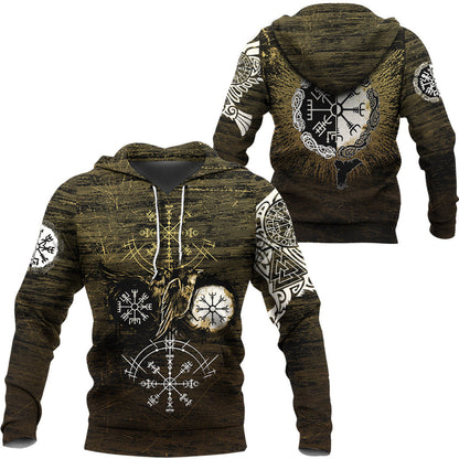 Viking Style - Hoodie Raven of Odin and Symbol Viking on Gold Background A39 VKNGB