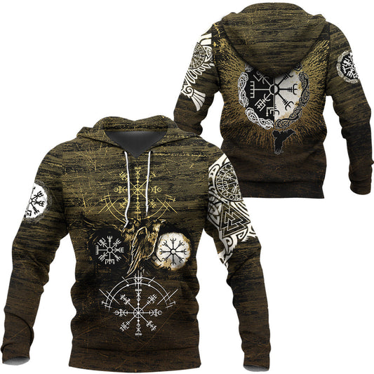 Viking Style - Hoodie Raven of Odin and Symbol Viking on Gold Background A39 VKNGB