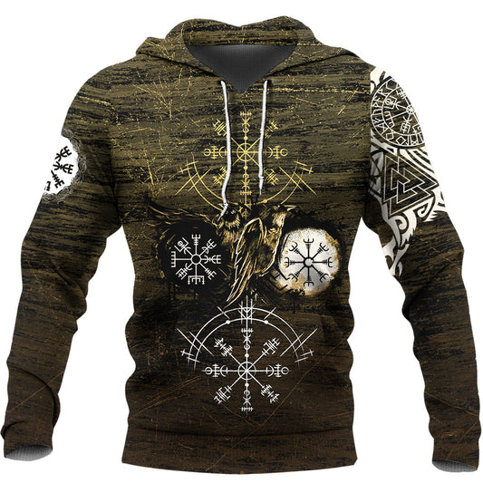 Viking Style - Hoodie Raven of Odin and Symbol Viking on Gold Background A39 VKNGB