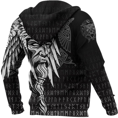 Viking Style Hoodie Odin Raven and Fenrir on Hand A39 VKNGB