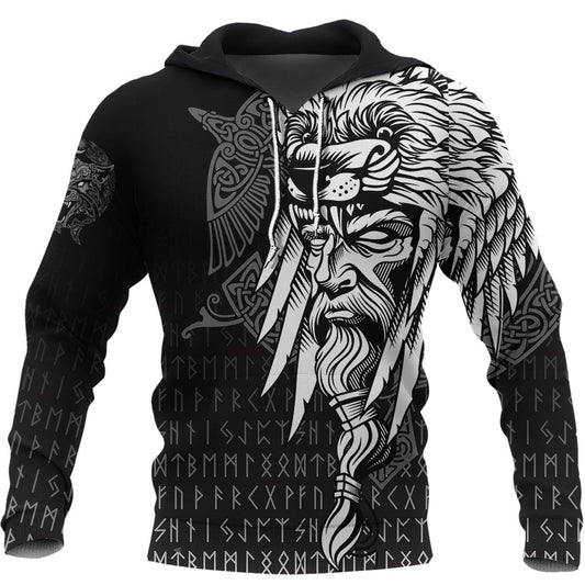 Viking Style Hoodie Odin Raven and Fenrir on Hand A39 VKNGB