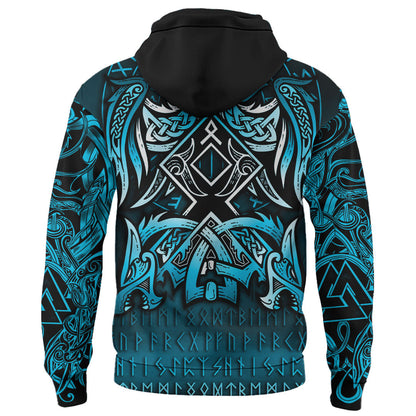 Viking Style Hoodie - Othala and Raven Blue A39 VKNGB