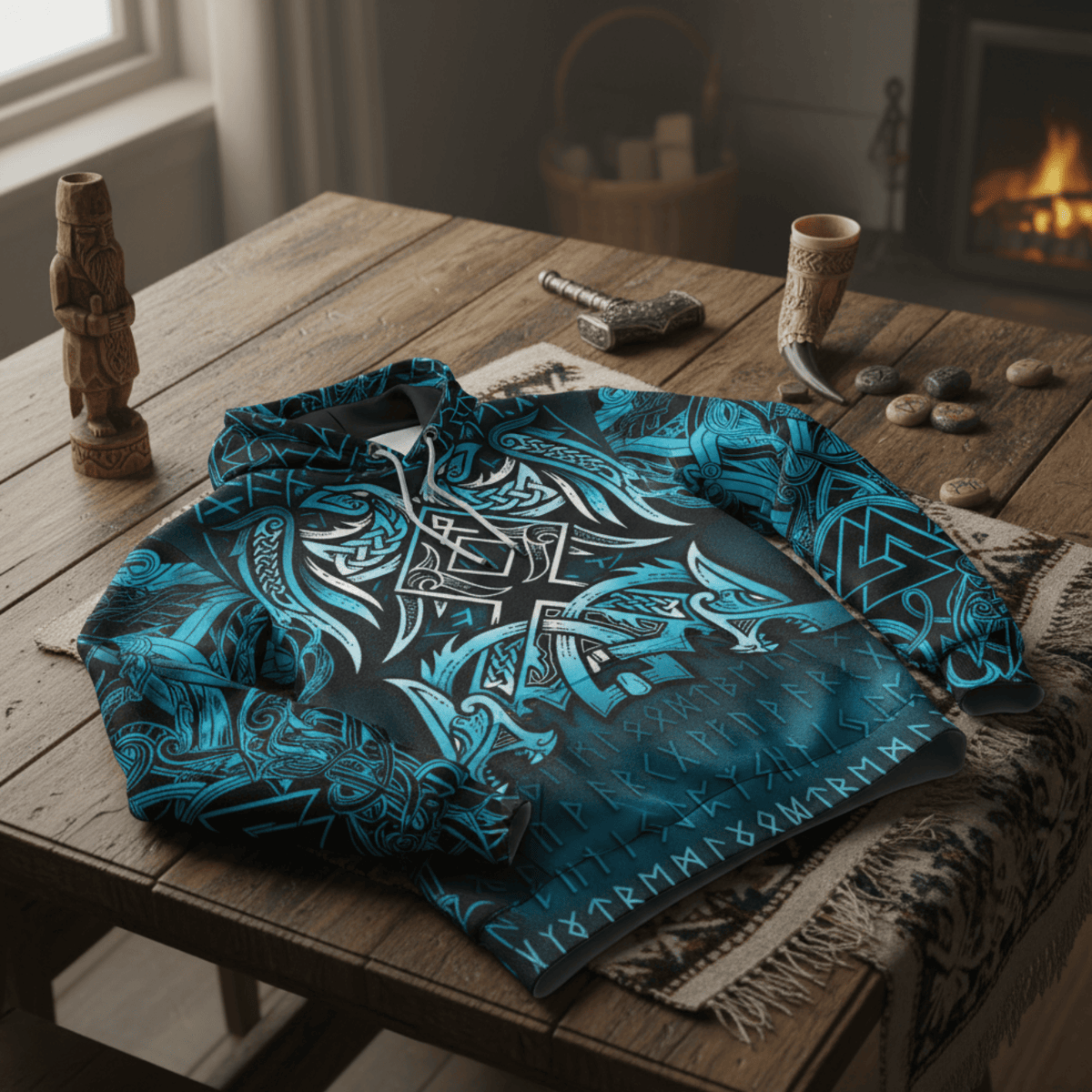 Viking Style Hoodie - Othala and Raven Blue A39 VKNGB