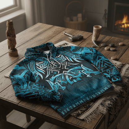 Viking Style Hoodie - Othala and Raven Blue A39 VKNGB