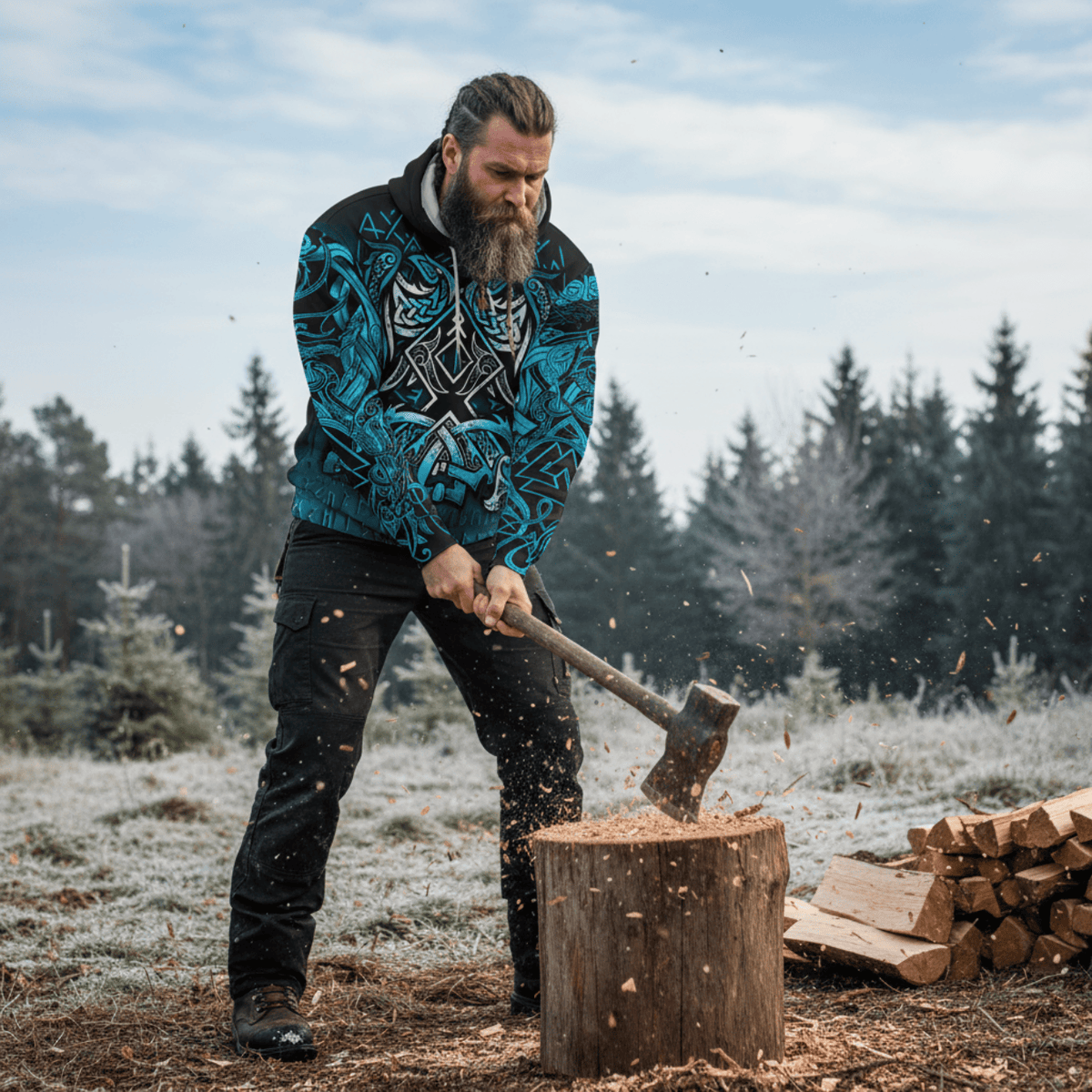 Viking Style Hoodie - Othala and Raven Blue A39 VKNGB