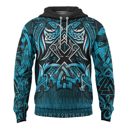 Viking Style Hoodie - Othala and Raven Blue A39 VKNGB