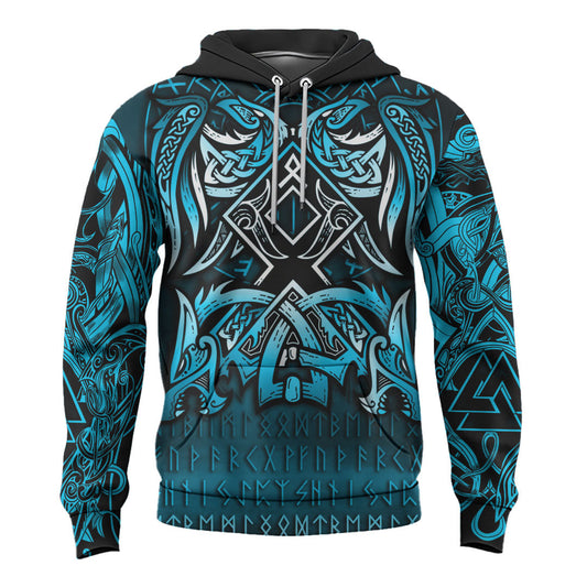 Viking Style Hoodie - Othala and Raven Blue A39 VKNGB