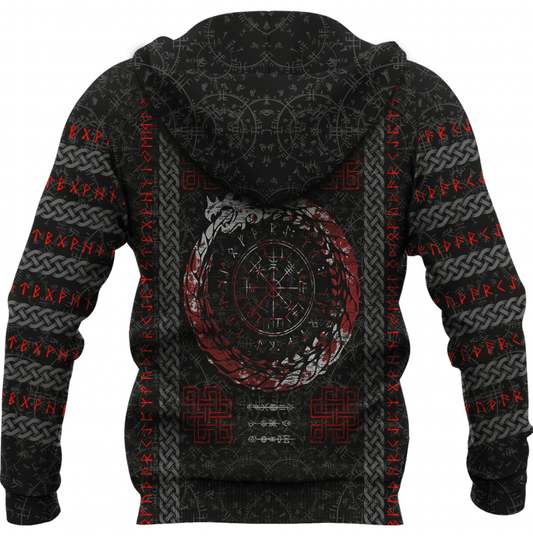 Viking Style Zip Hoodie - Dragon Vegvisir Blood with Runic Scandinavian A39 VKNGB