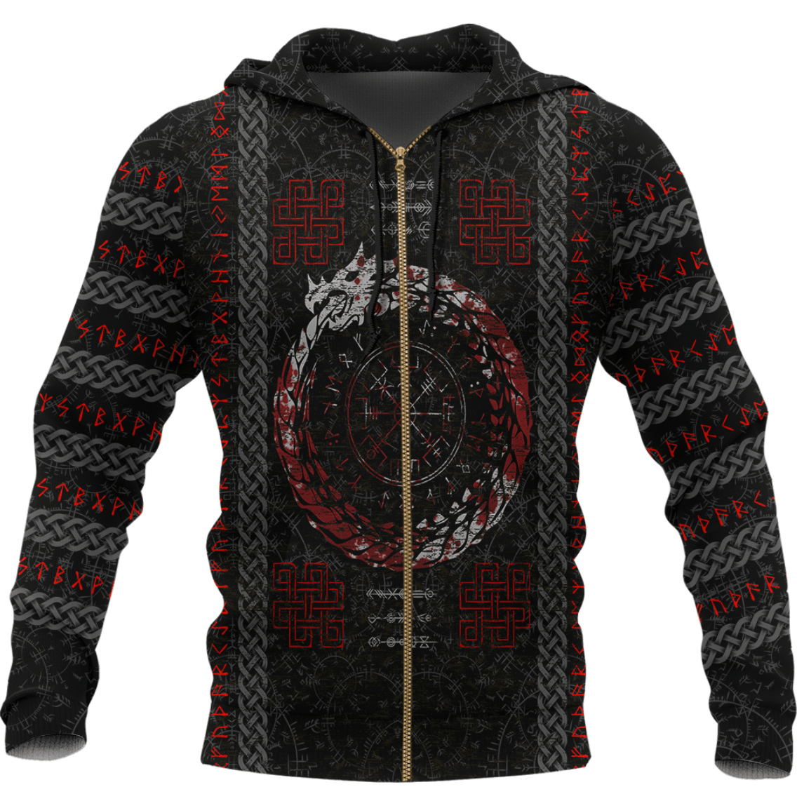 Viking Style Zip Hoodie - Dragon Vegvisir Blood with Runic Scandinavian A39 VKNGB