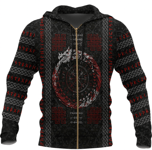 Viking Style Zip Hoodie - Dragon Vegvisir Blood with Runic Scandinavian A39 VKNGB