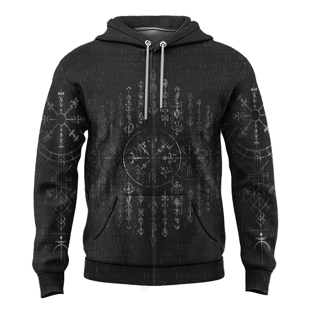 Viking Style Zip Hoodie - Vegvisir Dark Runic Grunge A39 VKNGB