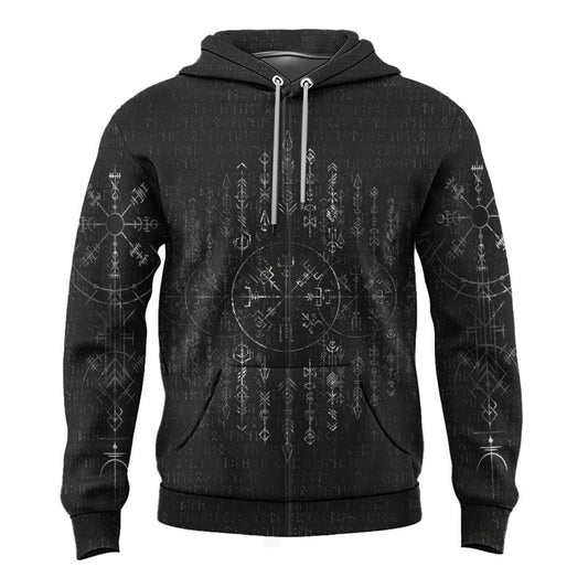 Viking Style Zip Hoodie - Vegvisir Dark Runic Grunge A39 VKNGB
