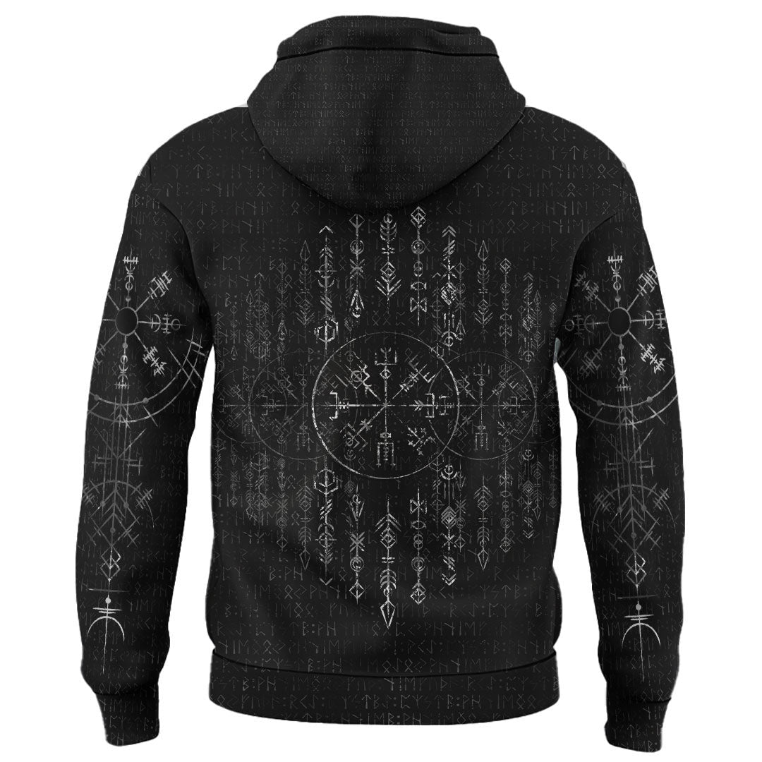 Viking Style Zip Hoodie - Vegvisir Dark Runic Grunge A39 VKNGB