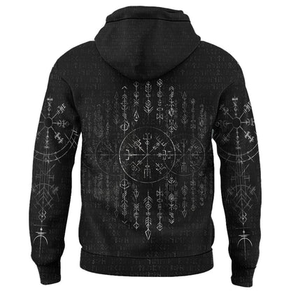 Viking Style Zip Hoodie - Vegvisir Dark Runic Grunge A39 VKNGB