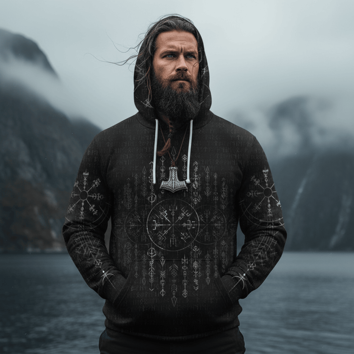 Viking Style Zip Hoodie - Vegvisir Dark Runic Grunge A39 VKNGB