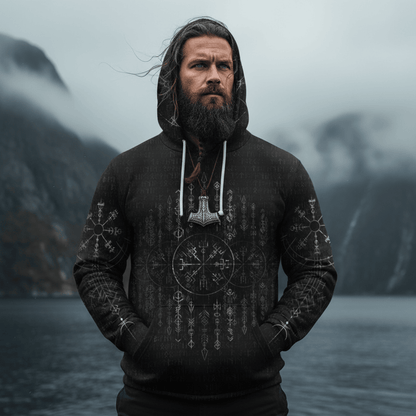 Viking Style Zip Hoodie - Vegvisir Dark Runic Grunge A39 VKNGB