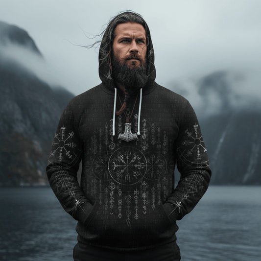 Viking Style Zip Hoodie - Vegvisir Dark Runic Grunge A39 VKNGB