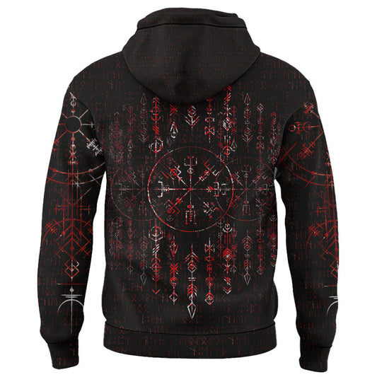 Viking Style Zip Hoodie - Vegvisir Dark Runic Grunge Blood A39 VKNGB