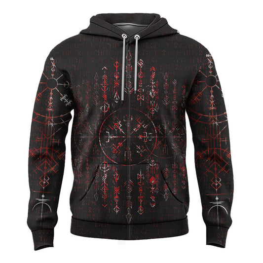 Viking Style Zip Hoodie - Vegvisir Dark Runic Grunge Blood A39 VKNGB