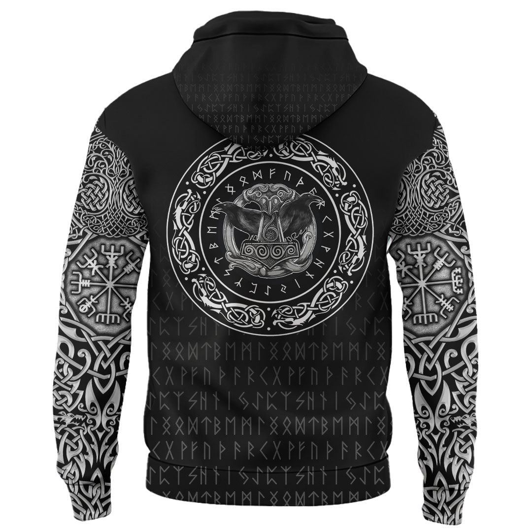 Viking Style Hoodie - Huginn and Muniin With Mjolnir A39 VKNGB