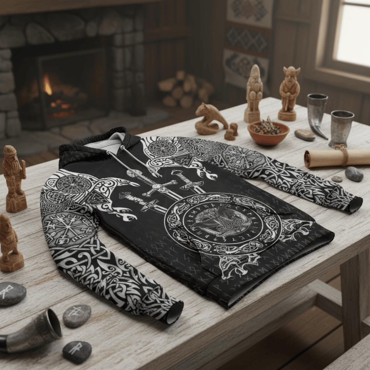 Viking Style Hoodie - Huginn and Muniin With Mjolnir A39 VKNGB