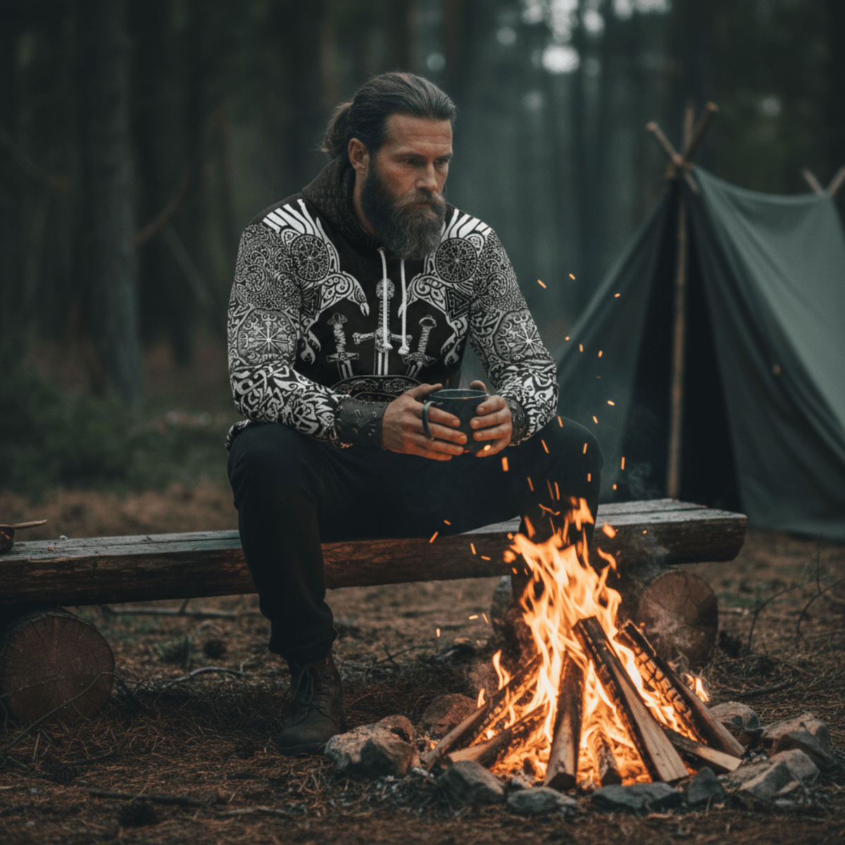 Viking Style Hoodie - Huginn and Muniin With Mjolnir A39 VKNGB