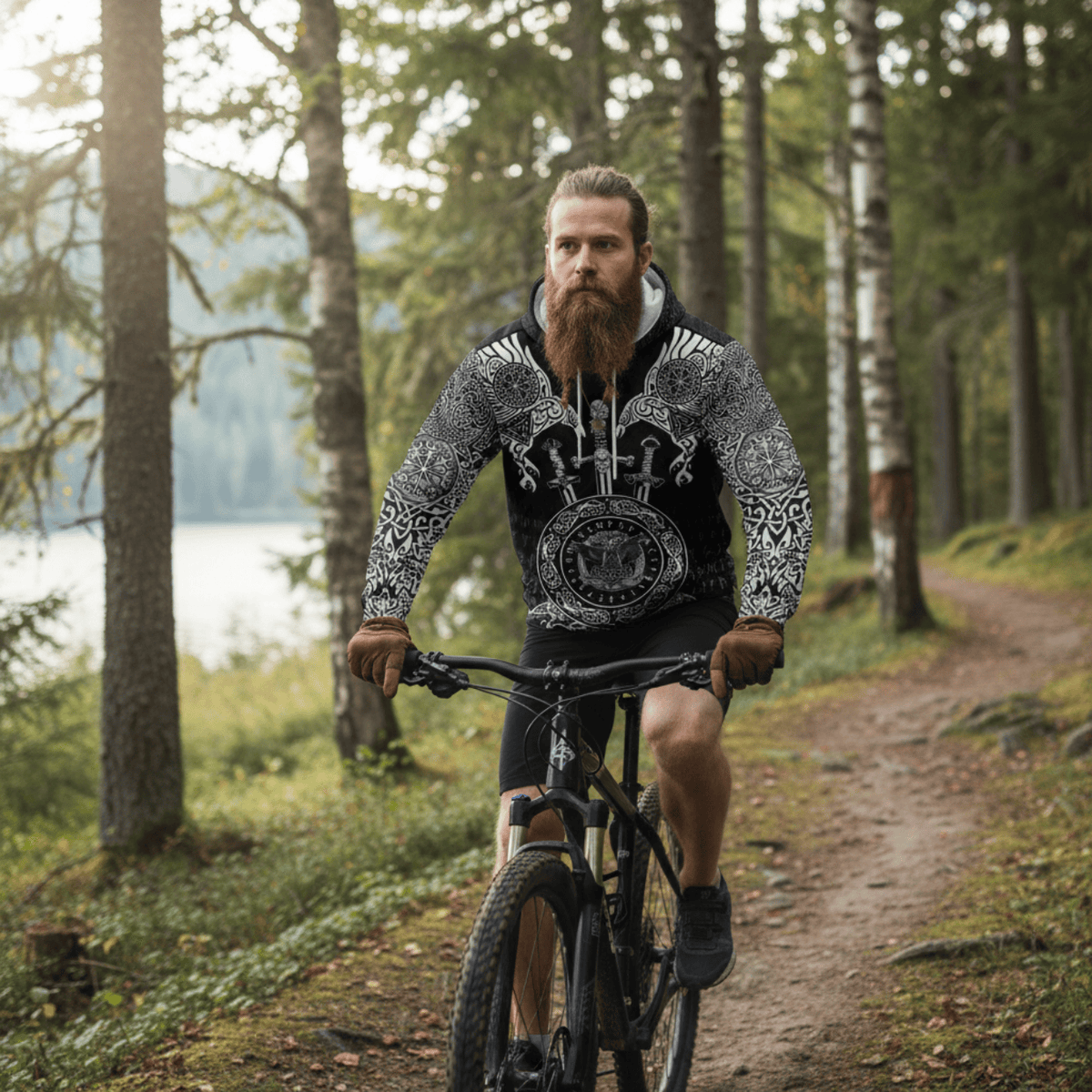 Viking Style Hoodie - Huginn and Muniin With Mjolnir A39 VKNGB
