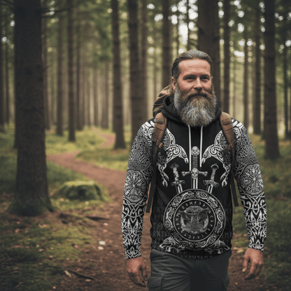 Viking Style Hoodie - Huginn and Muniin With Mjolnir A39 VKNGB