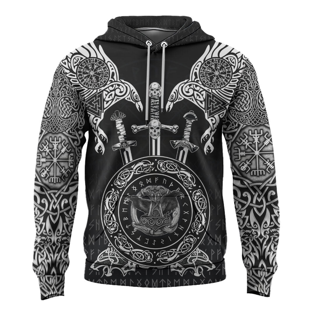 Viking Style Hoodie - Huginn and Muniin With Mjolnir A39 VKNGB
