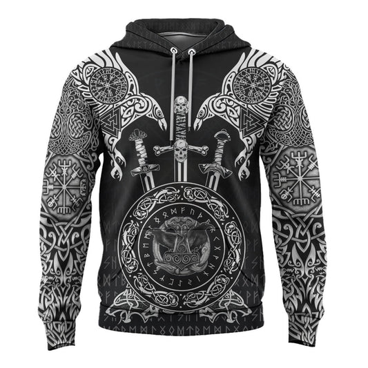 Viking Style Hoodie - Huginn and Muniin With Mjolnir A39 VKNGB