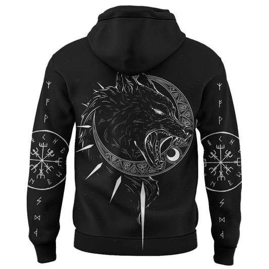 Viking Style Pullover Hoodie - Skoll and Hati With Vegvisir A39 VKNGB