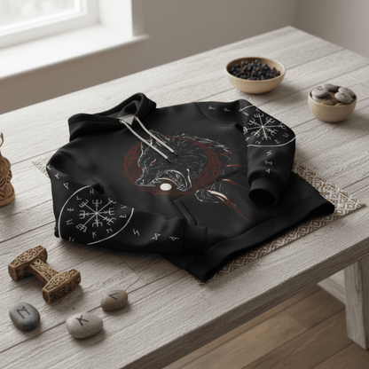 Viking Style Pullover Hoodie - Skoll and Hati With Vegvisir A39 VKNGB