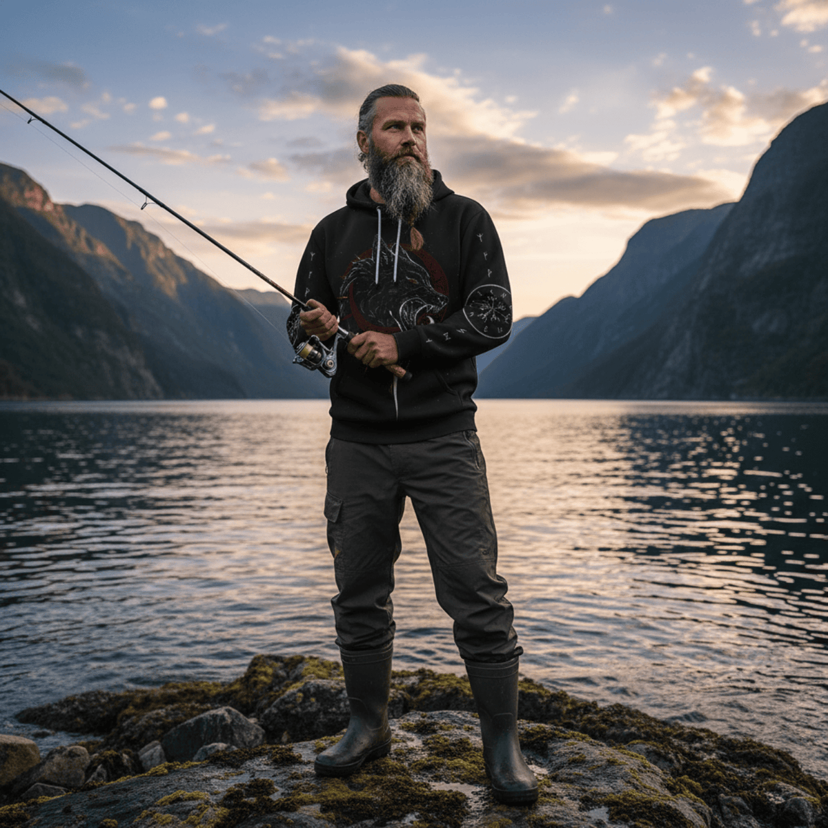Viking Style Pullover Hoodie - Skoll and Hati With Vegvisir A39 VKNGB