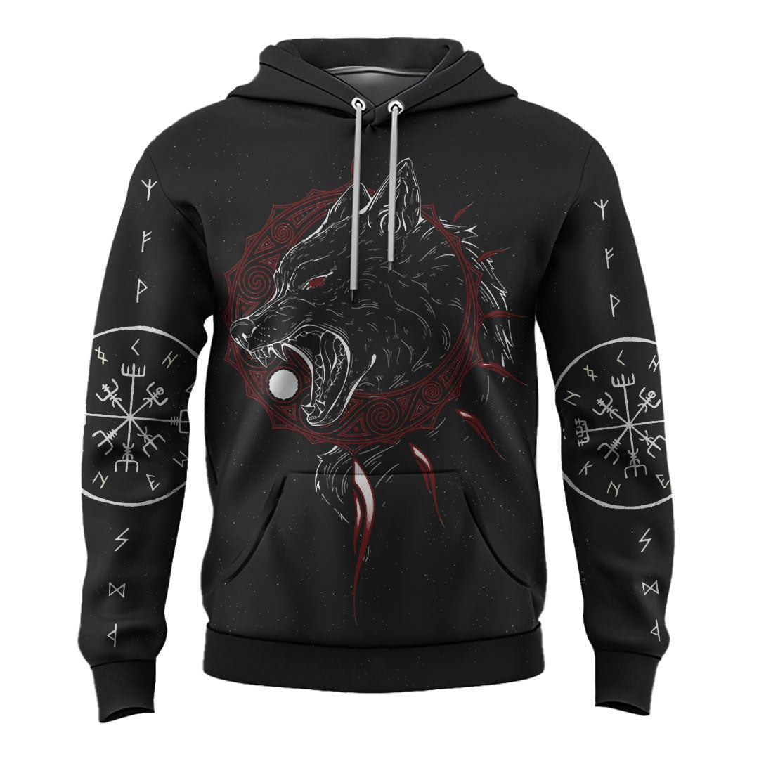 Viking Style Pullover Hoodie - Skoll and Hati With Vegvisir A39 VKNGB