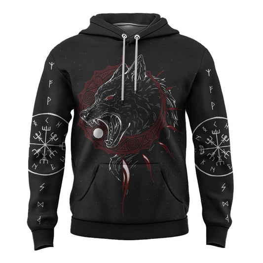 Viking Style Pullover Hoodie - Skoll and Hati With Vegvisir A39 VKNGB