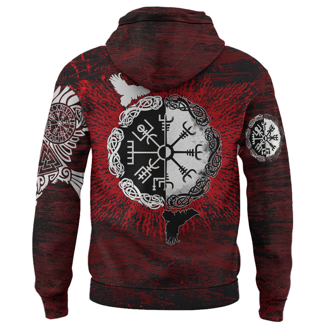 Viking Style - Zip Hoodie Raven of Odin and Symbol Viking on Blood Background A39 VKNGB