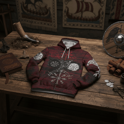 Viking Style - Zip Hoodie Raven of Odin and Symbol Viking on Blood Background A39 VKNGB