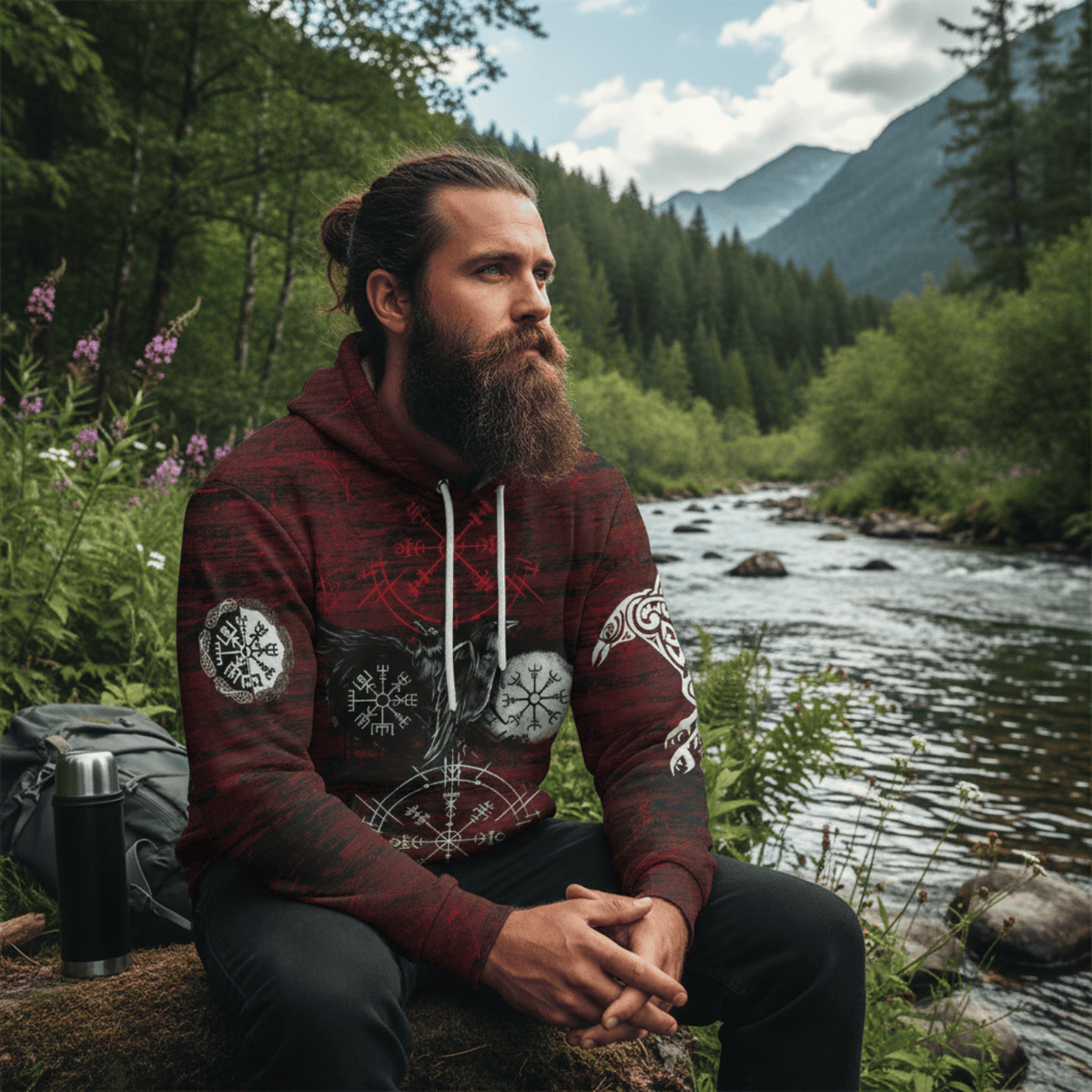 Viking Style - Zip Hoodie Raven of Odin and Symbol Viking on Blood Background A39 VKNGB