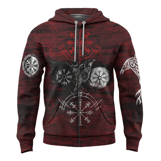 Viking Style - Zip Hoodie Raven of Odin and Symbol Viking on Blood Background A39 VKNGB