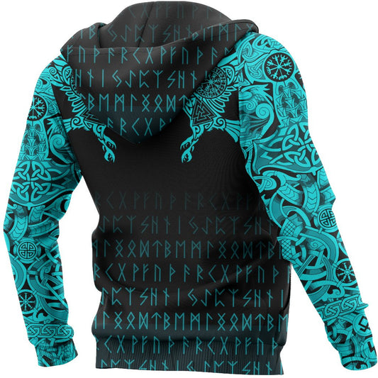 Viking Style Hoodie - The Raven Of Odin Tattoo Special Cyan A39 VKNGB