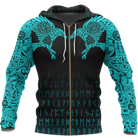 Viking Style Hoodie - The Raven Of Odin Tattoo Special Cyan A39 VKNGB