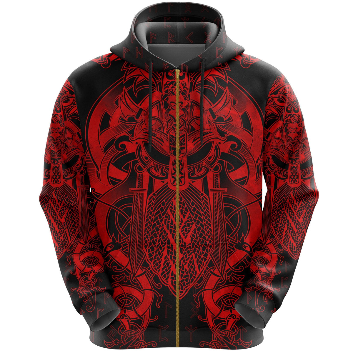 Viking Style Fenrir & Tyr Tattoo Zip Hoodie - Red Version A39 VKNGB