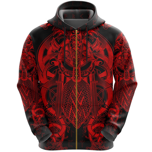 Viking Style Fenrir & Tyr Tattoo Zip Hoodie - Red Version A39 VKNGB