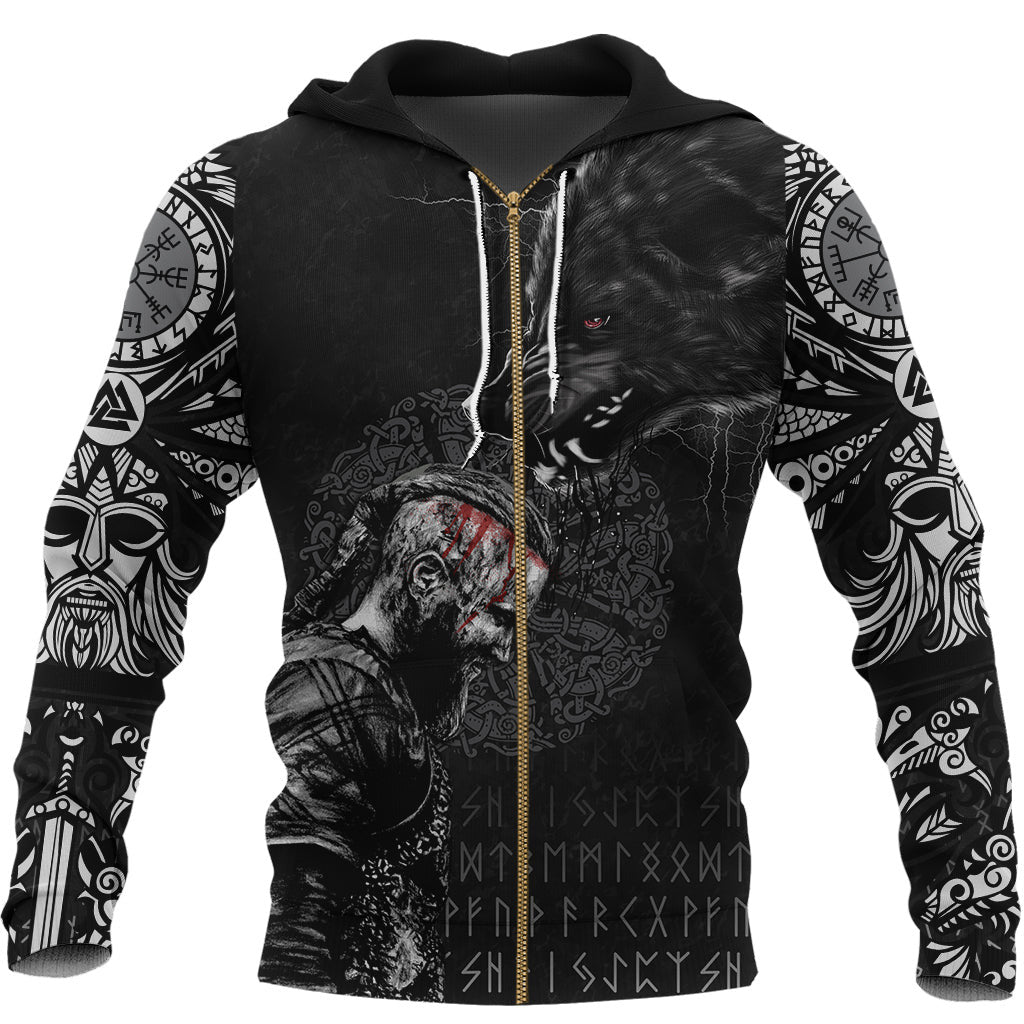 Viking Style Zip Hoodie - Ragnar and Wolf A39 VKNGB