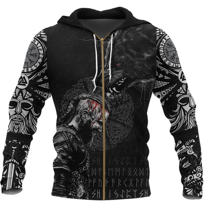 Viking Style Zip Hoodie - Ragnar and Wolf A39 VKNGB