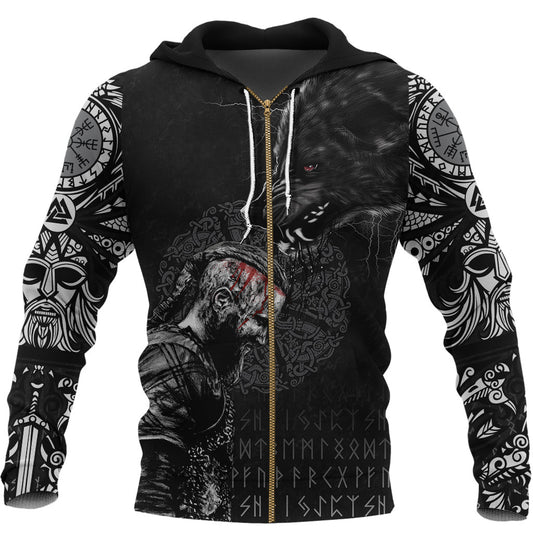 Viking Style Zip Hoodie - Ragnar and Wolf A39 VKNGB